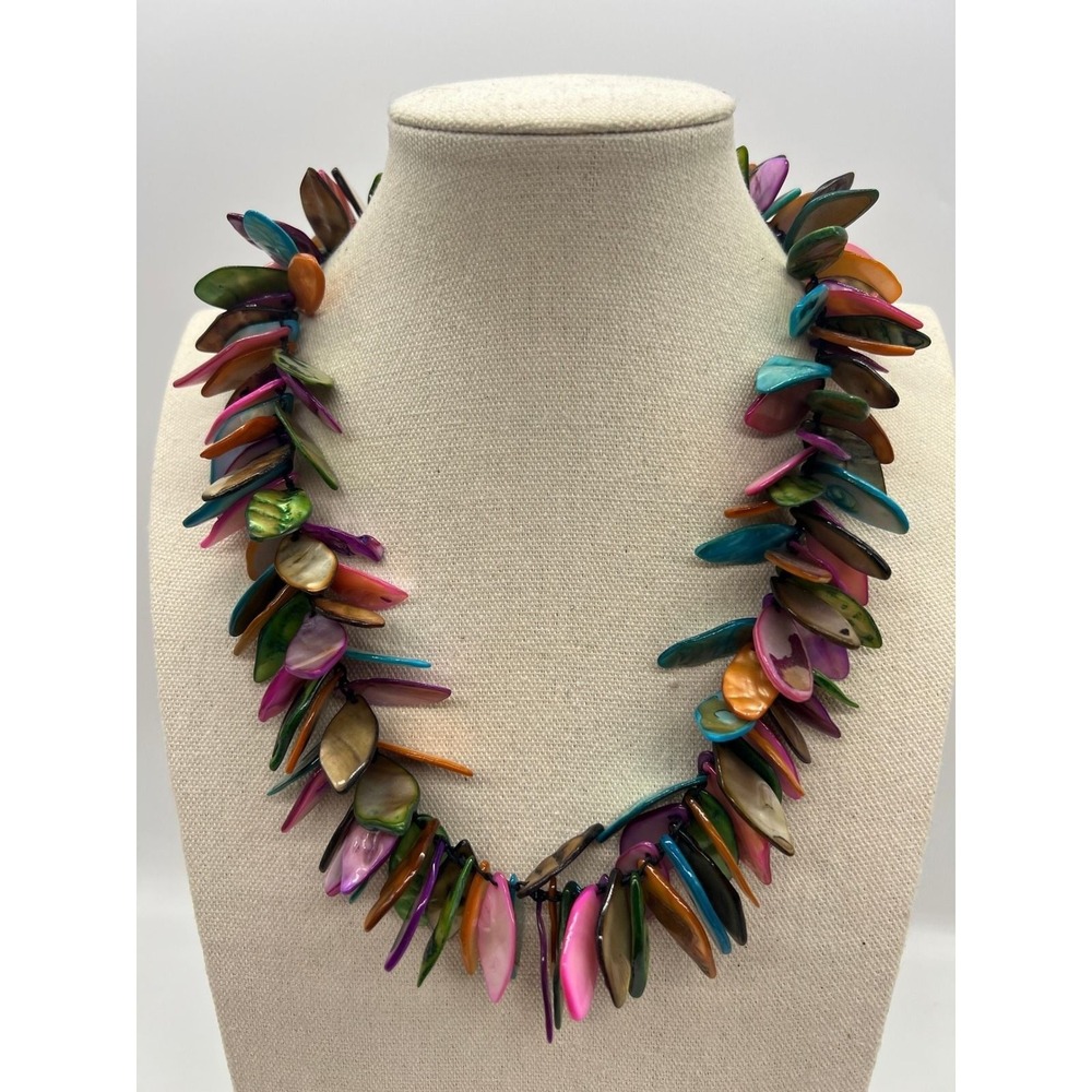 Boho Multi Color Dyed Shell Statement Necklace Coastal Mermaidcore 20.5"